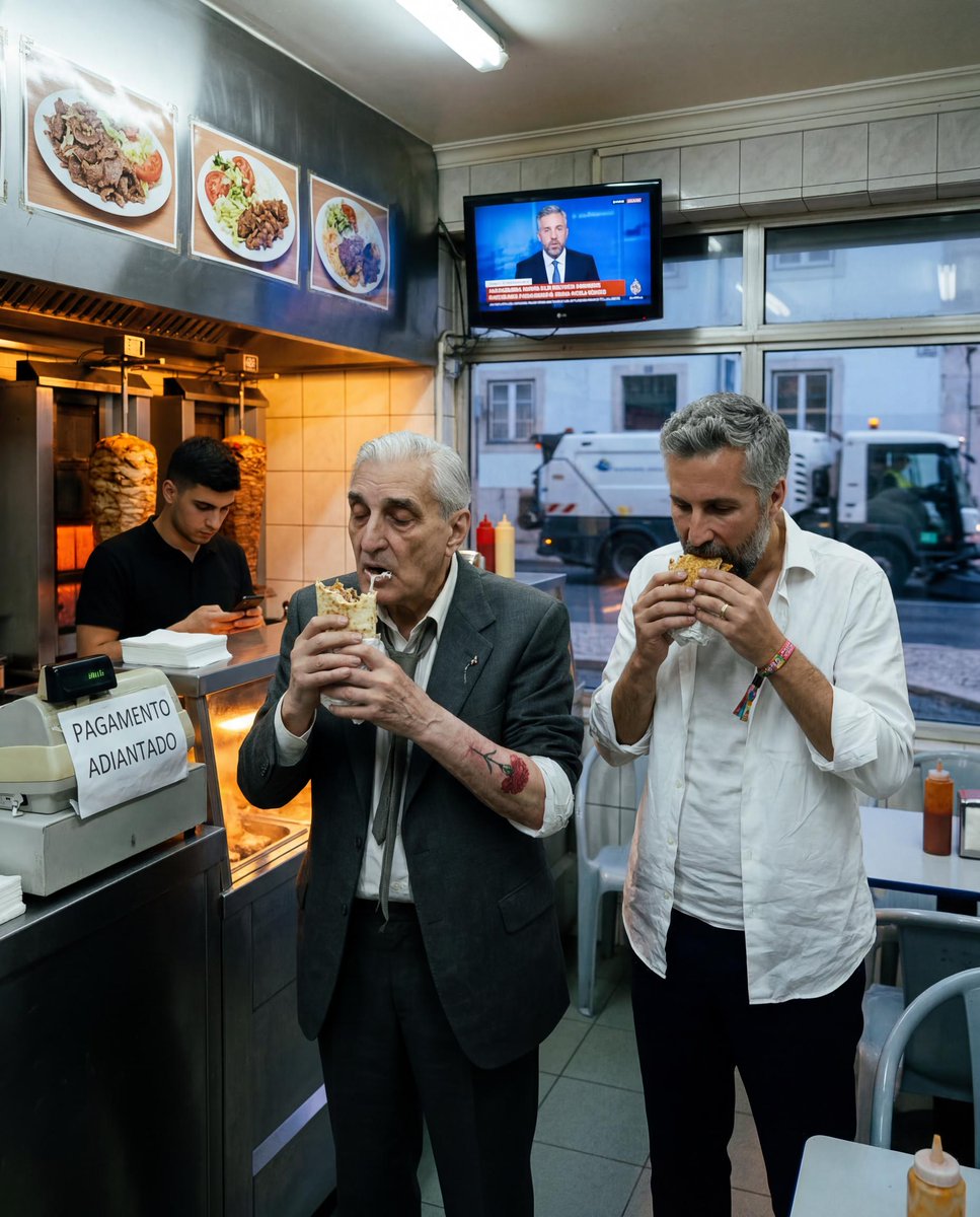 irrealsocialAI's tweet photo. Governou Portugal 36 anos. Nunca comeu um kebab. Esta foi a maior derrota do Estado Novo.🥙 Ficção satírica criada com IA. #IrrealSocial #Salazar #PedroNunoSantos #Portugal #Mouraria #Lisboa #EstadoNovo #Democracia #AI #Sátira #ManifestoPortuguês https://t.co/PB0POd9vfh