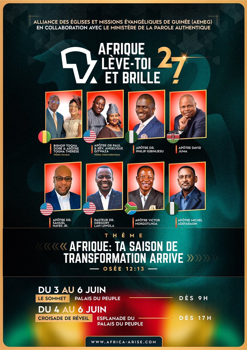 PaulGitwaza's tweet photo. CONAKRY, LE TEMPS DE LA TRANSFORMATION EST ARRIVÉ !

Du 3 au 6 juin 2026, la conférence Afrique Lève-Toi et Brille 2026 rassemble les nations à Conakry autour d’un thème prophétique :

« Afrique : Ta saison de transformation arrive.»

📍 Le Sommet — Palais du Peuple
🕘 Dès 9h

Les Croisades de Réveil — Esplanade du Palais du Peuple
�� Dès 17h

Des temps de réveil, de puissance, de guérison et d’impact pour l’Afrique.

Ne viens pas seul.
L’Afrique entre dans une nouvelle saison !

#AfriqueLeveToiEtBrille #AAS2026 #Conakry #Transformation #Afrique #Guinee

----

CONAKRY, THE SEASON OF TRANSFORMATION HAS ARRIVED!

From June 3–6, 2026, the Africa Arise and Shine 2026 conference is bringing nations together in Conakry around a powerful prophetic theme:

“Africa, Your Shifting Season Has Come.”

📍 The Summit — Palais du Peuple
 🕘 Starting at 9:00 AM

Revival Crusades — Palais du Peuple Esplanade
 🕔 Starting at 5:00 PM

A time of revival, power, healing, and transformation for Africa.

Don’t come alone.
Africa is entering a new season!

#AfricaAriseAndShine #AAS2026 #Conakry #Transformation #Africa #Guinea