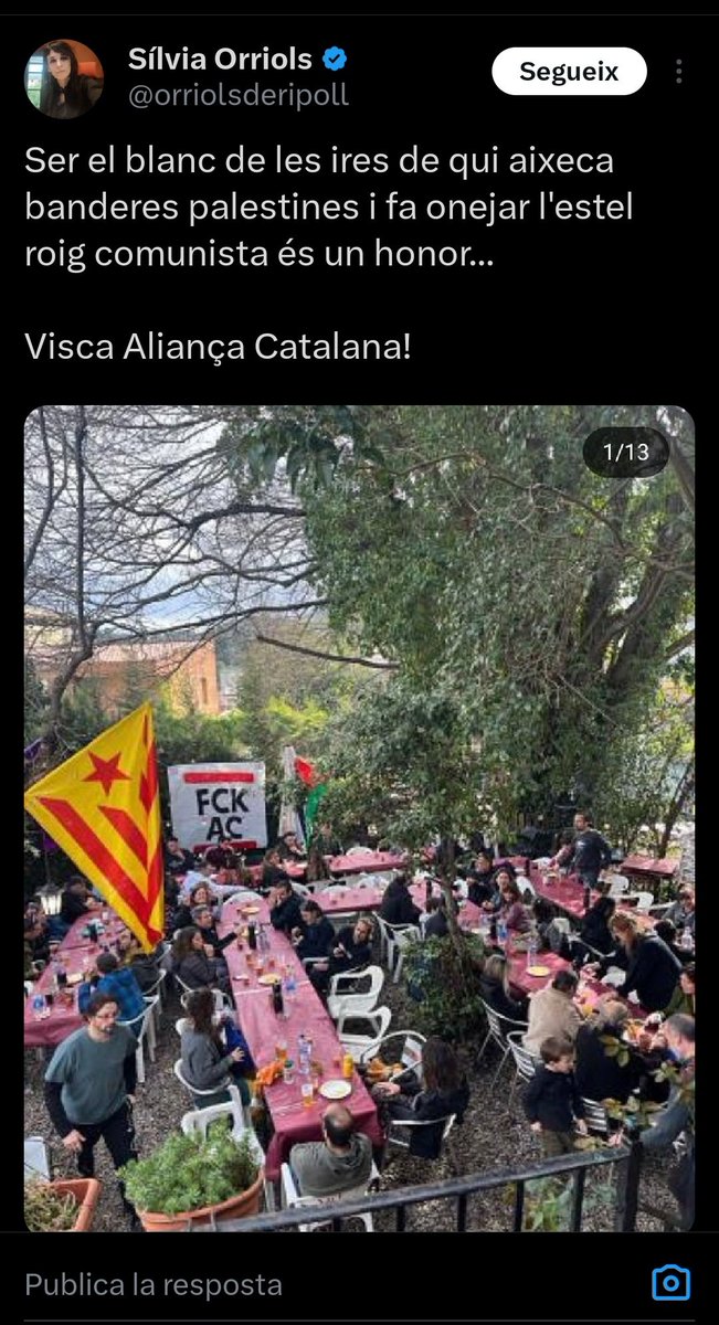 mats_jordi's tweet photo. Orriols odia la bandera palestina i també l'estelada. A ella li agraden els tricornis i l'estanquera. https://t.co/rDPPSKKwiK