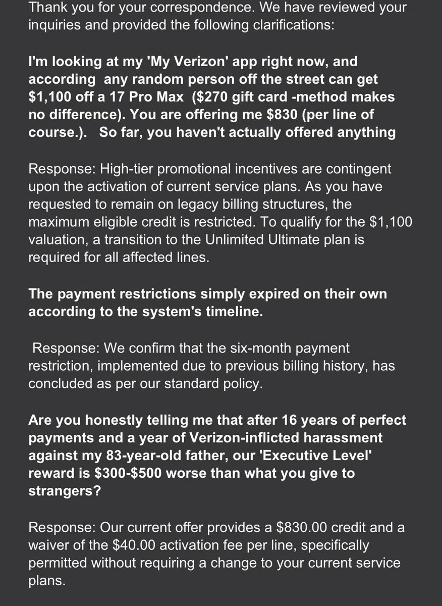 bsnyder222's tweet photo. Imagine being a @Verizon "Executive" rep and trying to take credit for a system timer expiring.   16-year loyalty,  offering a standard coupon and a 1-800 number for a supervisor.  I’m not paying the "Loyalty Tax" anymore. See you at the #FCC. @HansVestberg https://t.co/b0rG7WYSNi