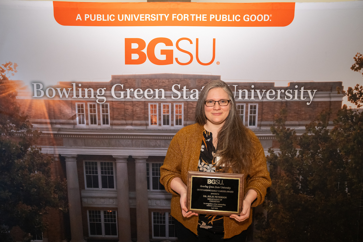 DeanSchendel's tweet photo. Congratulations to @BGSUchem assistant professor Julie Peterson, who was awarded the 2026 Outstanding Early Career Award. This award recognizes junior faculty who have excelled in their scholarly endeavors. #bgsu #chemistry https://t.co/bzlN5qI1Ca