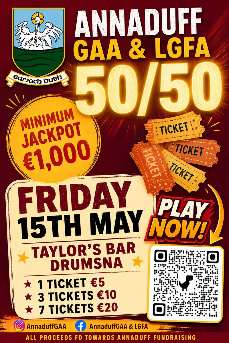 annaduffgaa's tweet photo. ‼️Annaduff 50/50 Friday 15th May ‼️💰 Jackpot is a min €1,000 in Taylor's Bar, Drumsna
Get all the latest news on the Annaduff GAA app https://t.co/B8Lp64CsSg https://t.co/xoThPlDVVJ
