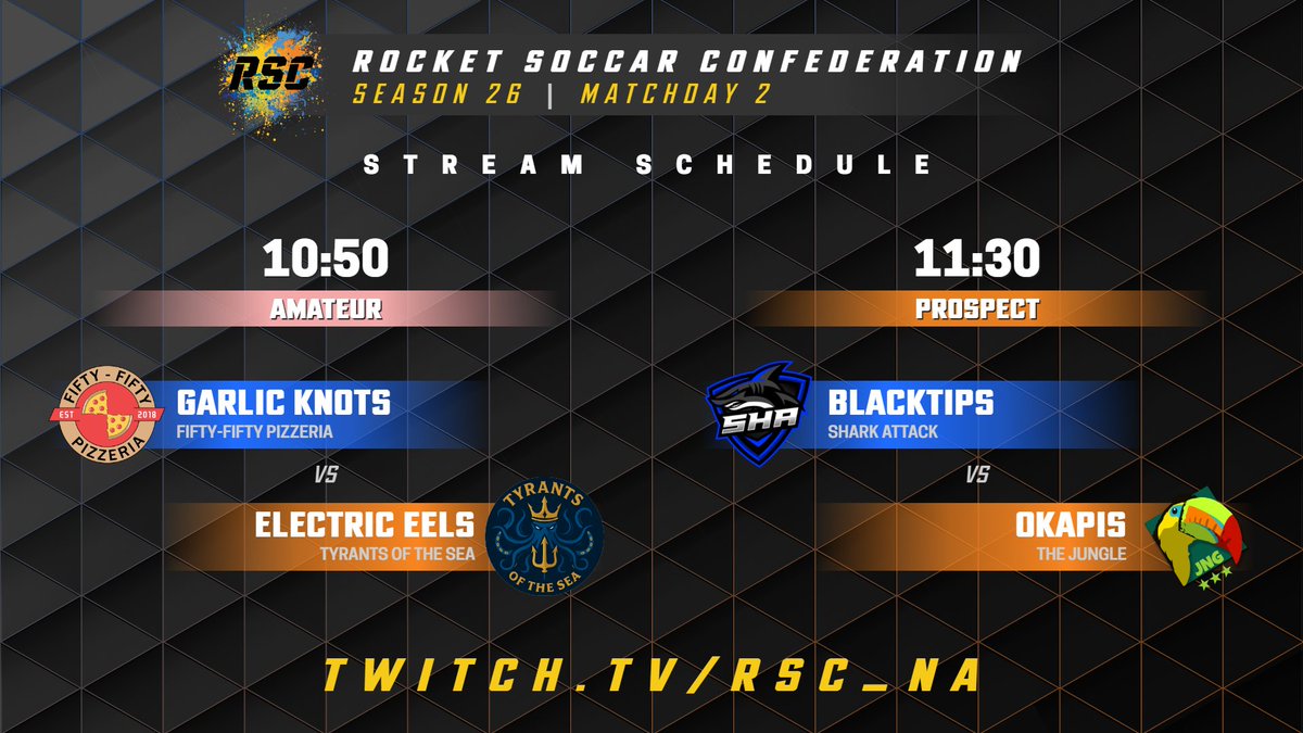 rsconfederation's tweet photo. Match Day 2 has arrived!

Starting off the night is an Amateur matchup between the Garlic Knots of Fifty-Fifty Pizzeria (4-0) and the Electric Eels from Tyrants of the Sea (3-1).

Following that, we have the Blacktips from Shark Attack (1-3) vs. the Okapis of The Jungle (2-2).

Watch both of these matches LIVE at https://t.co/3iek2Aigoe

🎙️Sauce_Boss_36
🎙️K-Vox
🎬7aco104

#RLEsports #RLLeague #RocketLeague #Season26