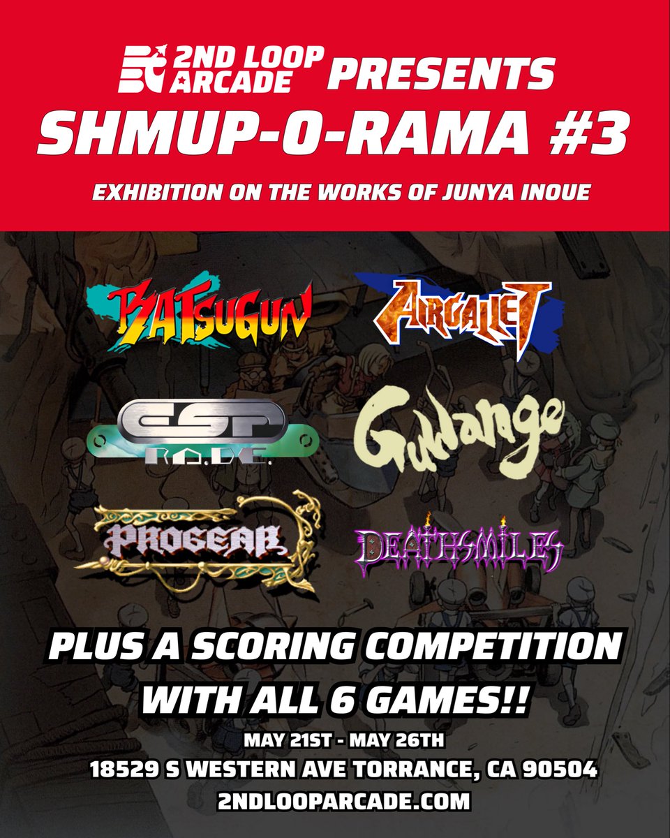 2NDLOOPARCADE's tweet photo. This SHMUP-O-RAMA, we’ll be playing games with contributions by the prolific arcade designer, Junya Inoue! Six games available for six days, with a different game streaming each day! Visit the arcade to live the adventure and subscribe to our channel to view the streams. https://t.co/S453CQhtAb