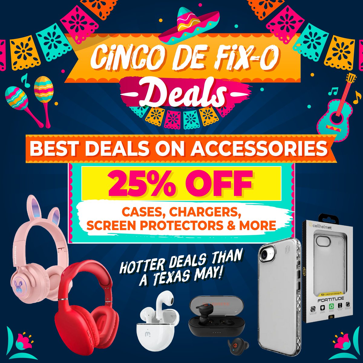 TechRehabAMA's tweet photo. Cinco de Fix-o deals are here! 🎉 Get 25% off accessories like cases, chargers, and more at Tech Rehab. Hotter deals than a Texas May! 🔗 https://t.co/9qrsvI5XYv 📞 806-553-0527 #TechRehab #CincoDeFixO #PhoneAccessories #TechDeals https://t.co/iDU3VhgTof
