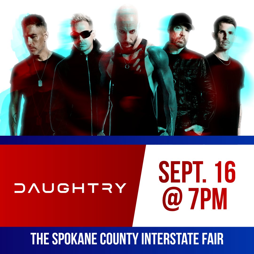 interstatefair's tweet photo. Get ready to rock with Daughtry at the Spokane County Interstate Fair on September 16 at 7PM. From chart-topping hits to their newest rock era, this is a show you won’t want to miss. 🎸
Tickets on sale May 15! https://t.co/dOZMdcRSPW