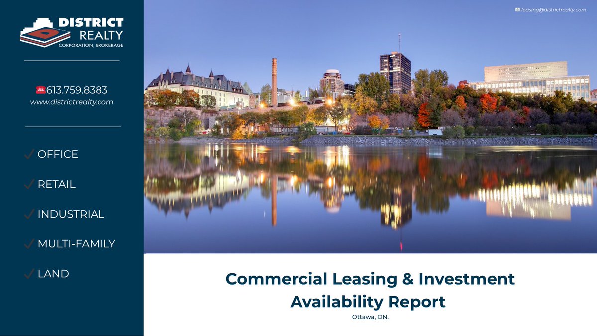 DistrictRealty_'s tweet photo. 📊 Now Available: May 2026 Availability Report

Explore current office, retail &amp; industrial vacancies across Ottawa.

🔗 Link in bio
📞 613-759-8383
🌐 https://t.co/fQ16kvfl3m

#DistrictRealty #OttawaCRE #AvailabilityReport https://t.co/gUsvZ117Tw
