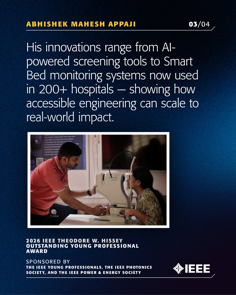IEEEAwards's tweet photo. Congratulations to @abhishekappaji, recipient of the 2026 IEEE Theodore W. Hissey Outstanding Young Professional Award, recognized for accessible AI-driven healthcare solutions and leadership empowering young professionals. Award sponsored by @IEEEYP, @ieeephotonics, &amp; @ieee_pes. https://t.co/zzrNiYeNZN