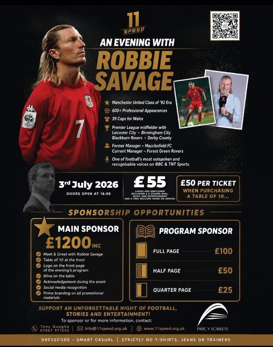 11speed2023's tweet photo. ⚽️ An Evening With Robbie Savage – 3rd July 2026

🎟️ Tickets now on sale:
£55 each or £50 each when booking a table of 10

👉 Book here:

https://t.co/QEkEyktMbe

⭐ Sponsorship opportunities also available
Main Sponsor £1200
Programme sponsorships from £25

#RobbieSavage https://t.co/0I42CSab5o