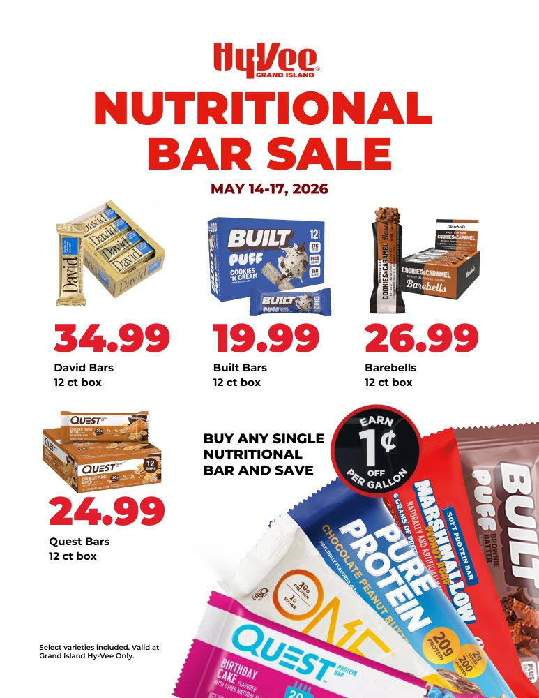 HyVeeGI's tweet photo. Big Savings on nutritional bars at your Grand Island Hy-Vee. https://t.co/ks8rT0tvKe