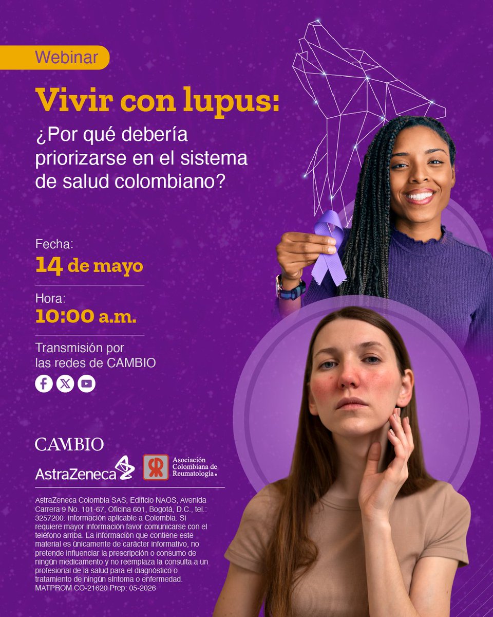 estoescambio's tweet photo. A través de la voz de pacientes, expertos clínicos y tomadores de decisión, el webinar #HablemosDeLupus pondrá sobre la mesa una pregunta de fondo:
¿qué se necesita para que el lupus deje de ser una enfermedad desatendida
en Colombia? Regístrese aquí: https://t.co/Kqq4cGDHen
@AstraZeneca  @Asoreuma