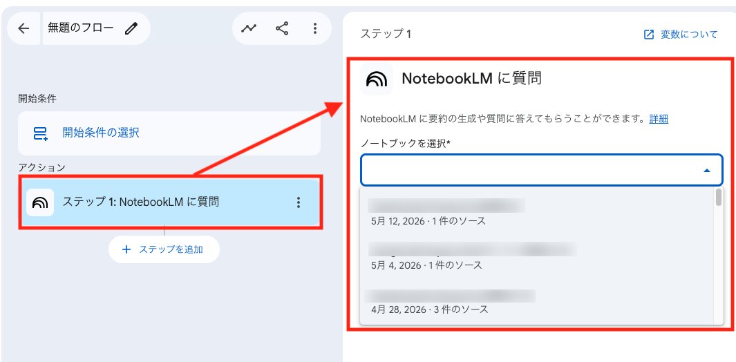 r__morita's tweet photo. 【祝】Google Workspace StudioがNotebookLMに対応🎉
Gemの復活からNotebookLMのサポートまで想定以上のスピードです😃 今後も定期的なアップデートが期待できそうです🎊早速フローを作ってみましょう！！ #GoogleWorkspace #WorkspaceStudio https://t.co/PItuHu0dyu