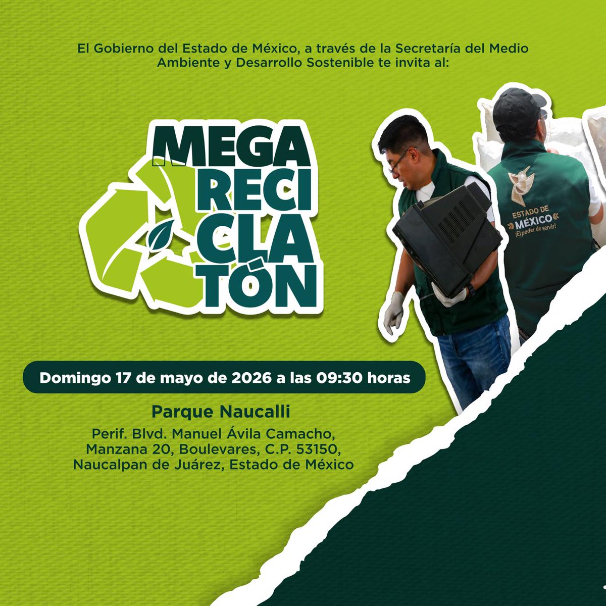AmbienteEdomex's tweet photo. El @Edomex a través de esta Secretaría invita a participar en el #MegaReciclatón. Puedes llevar papel, cartón, aluminio, PET, tapitas, vidrio, electrónicos y electrodomésticos.  Parque Naucalli Naucalpan este domingo 17 de mayo de 2026, 9:30 horas. #MedioAmbiente #ElPoderDeServir https://t.co/d0ynnvOpcc