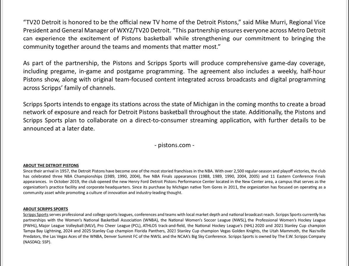Pistons_PR's tweet photo. The @DetroitPistons announced today a new local media television rights agreement with Scripps Sports beginning with the 2026-27 NBA season. The move returns Pistons basketball to free, over-the-air television for fans throughout Detroit, metro Detroit and the state of Michigan. https://t.co/052JTnkHoI