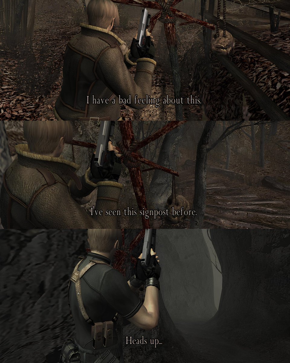 JustLeavemy's tweet photo. When Leon first sees the sign he gets a bad feeling and wonders if it is a warning later as he continues through the village he slowly realizes it means a trap is waiting ahead I love these details in RE4
#REBHFun https://t.co/A7HCAlSmDM