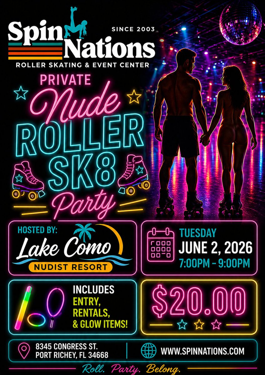 ComoNaturally's tweet photo. Roll into something a little different with Lake Como’s Private Nude Roller Sk8 Party at SpinNations.
Good music, glow vibes, and nude skating.

 June 2 • 7–9 PM.

$20 includes admission, rentals &amp; glow items.

https://t.co/AoTV755xwF https://t.co/KuTODjThZ8