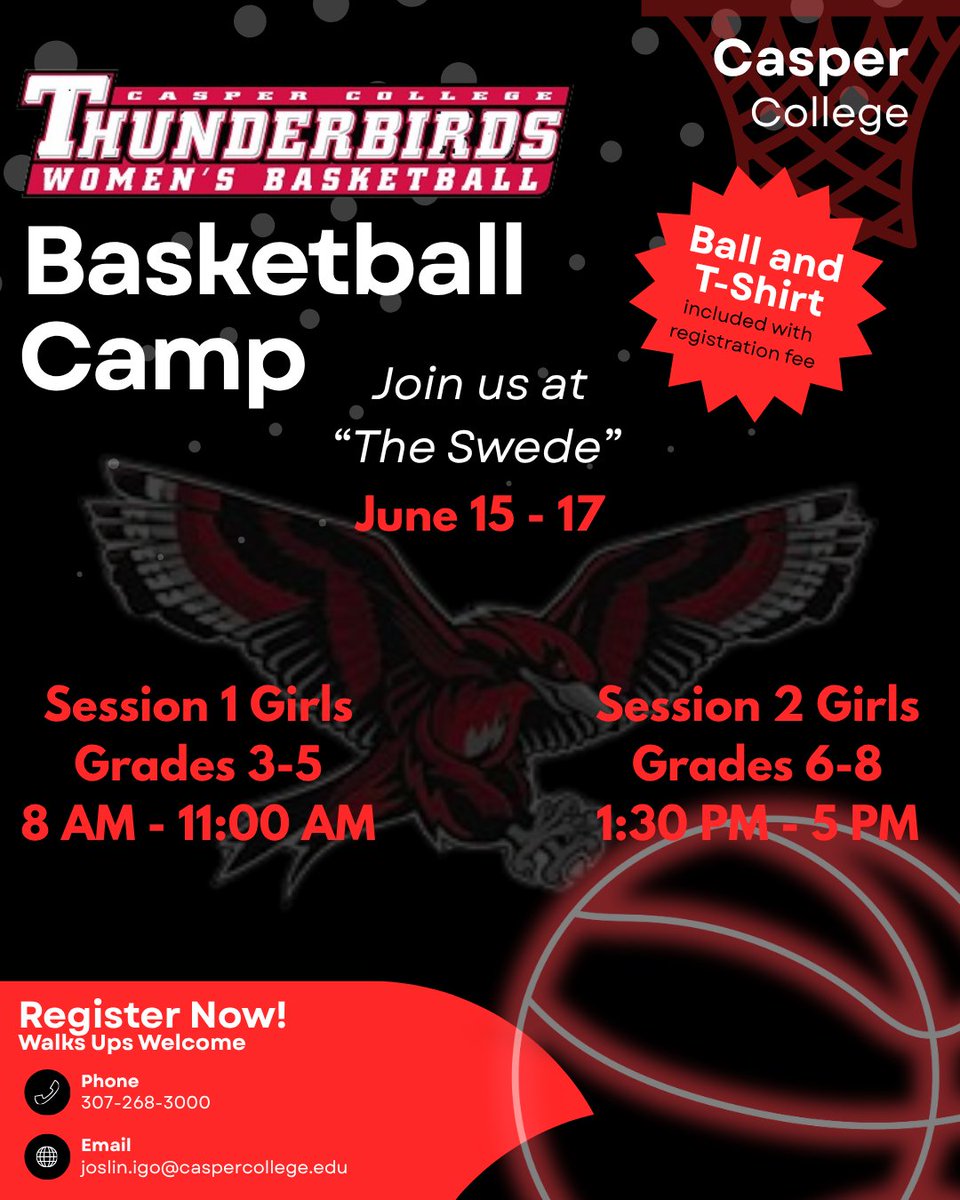 LadyTbirdsBball's tweet photo. Casper College Women's Basketball Individual and Elite Camps. We would love to see you at "The Swede" #OWNTHESKY #FLYASONE #BIRDUP #CCWB Sign up form:  https://t.co/D9ucdXKOoE https://t.co/wCC0YuwThn