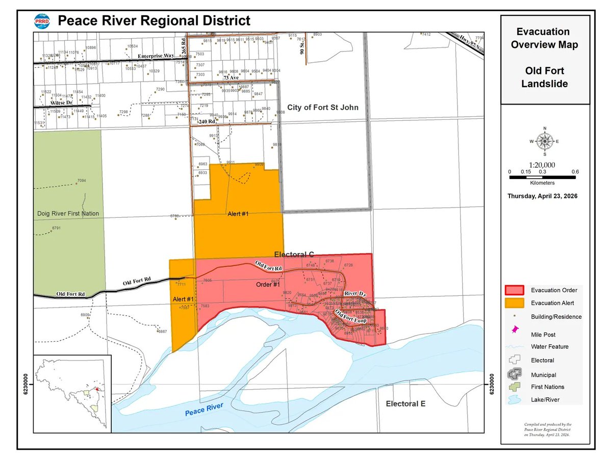 EmergencyInfoBC's tweet photo. The Evacuation Order & Evacuation Alert issued by the Peace River Regional District for the Old Fort landslide area remain in effect due to active & increasing ground movement. EVACUATE IMMEDIATELY if you are within the Evacuation Order area. The resident-built trail currently being used to access the displaced road segment will be removed as road construction begins Friday, May 15. There will be NO safe access across the slide area.
Emergency Support Services are available today at the Pomeroy Sports Centre, Fort St. John, from 5–7 p.m.
More info: https://t.co/8CvJHOh8Tg #BC @prrdistrict