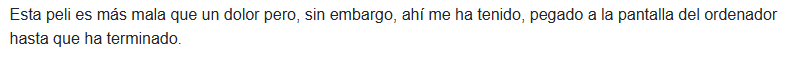 4lberto__'s tweet photo. Jamás entenderé a los q dicen estas cosas. Si la película es tan mala, ¿por qué te mantiene pegado a la pantalla?

Si te entretiene/divierte, NO es mala, puede tener cosas malas, pero cumple la función básica del cine: entretener. Muerte al concepto de "guilty pleasure", GRACIAS. https://t.co/suZYWTxPJV