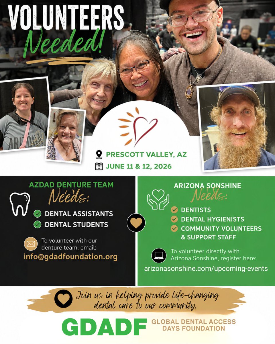 GdadFoundation's tweet photo. 🦷 Volunteers Needed for Arizona Sonshine June 11–12, 2026 (Prescott Valley)
Join the GDAD Denture Team:
✔️ Dental Assistants
✔️ Dental Students
Email  📧 info@gdadfoundation.org

Arizona Sonshine is also seeking:
✔️ Dentists
✔️ and more
https://t.co/jO5wZQ3ysl https://t.co/vqUyhOhmbZ