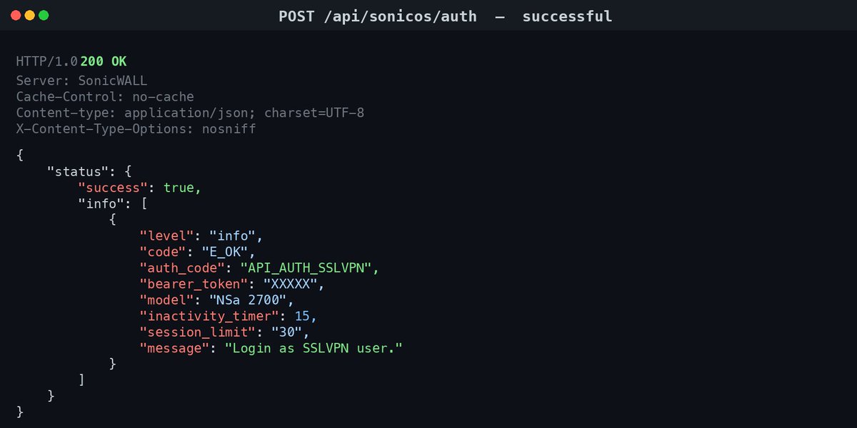 breachcache's tweet photo. When a brute force hit lands the SonicWall returns success=true with a bearer-token JWT scoped as API_AUTH_SSLVPN and the firewall logs an m=602 event. The response also exposes the SonicWall model in use.

Firewall success log:

id=firewall sn=XXXXXXXXX time="2026-05-13 04:57:11 UTC" fw=x.x.x.x pri=6 c=32 m=602 msg="WAN zone remote user login allowed" usr="tmiller" src=77.90.185[.]9 dst=x.x.x.x:4433

The token gives the threat actor SSL VPN access to the network which can be further established with tools like NetExtender.

Successful result: