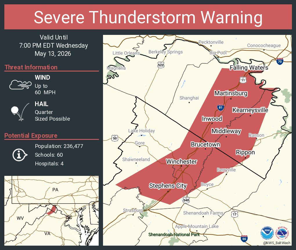 Severe Thunderstorm Warning continues for Winchester VA, Martinsburg WV ...