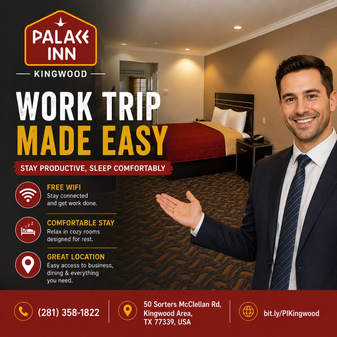 PalaceinnKTX's tweet photo. Quiet rooms and free Wi-Fi make business travel feel a lot less like work.
#BusinessTravel #HotelWiFi #WorkTrip #PalaceInnKingwood #TravelSmart https://t.co/nT55jVEtqV