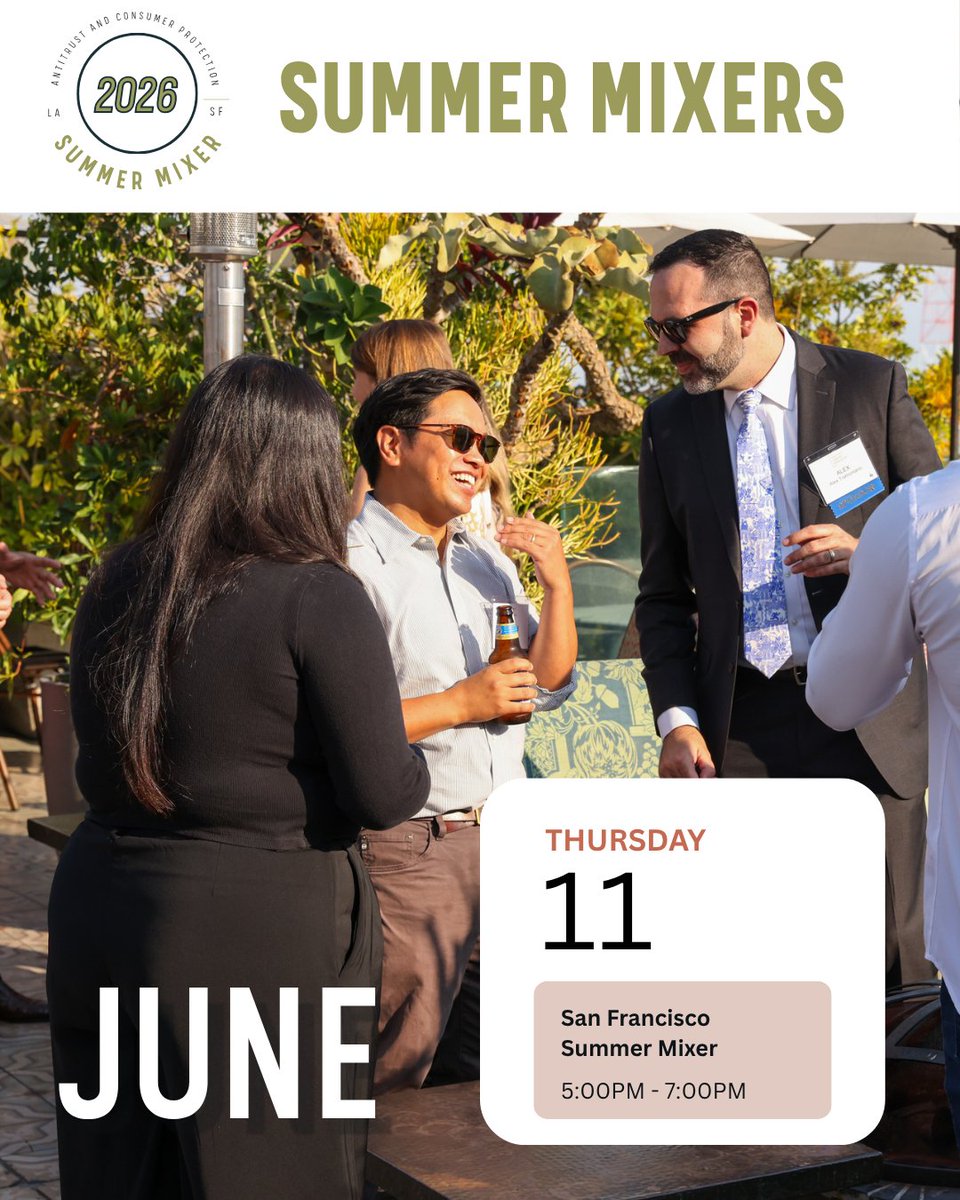 CLAAntitrust's tweet photo. You’re invited to the Antitrust and Consumer Protection Section’s Summer Networking Mixers

For FREE, law students, summer associates, and junior attorneys can connect with professionals across the community in a relaxed summer setting. 

Register: https://t.co/xPIiniyCgQ https://t.co/2C4makxElb