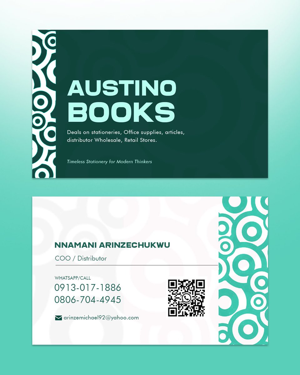 Martinzworldd's tweet photo. AUSTINO BOOKS π
i Designed the business card
A stationery powerhouse dealing in wholesale, retail, and distribution. From the cards to the colors, every detail tells the story. π€
#BrandIdentity #BusinessCardDesign #GraphicDesign #MAVStudios #EnuguDesigner https://t.co/usKdV40WUG