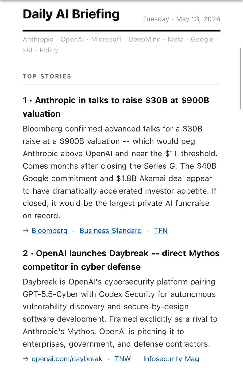 ChrisUniverse's tweet photo. Thanks to @budapp I just found out @AnthropicAI is in talks to acquire ‘Stainless’ — the SDK startup powering @OpenAI + @GoogleAI own dev tools 😳 

Being very honest, @budapp is by far the most fine tuned service provider for bite sized information. 

Besides the sleek design on email, sms, and its platform; the Agentic capabilities far exceed anything I’ve used for ‘automated task’ — there’s simply nothing like it. 

Yes, many platforms can do the same but it’s not really about that. It’s about how eye-catching is it and how scannable/ingestible the information is. This is one of the main reasons I stopped using ChatGPT until very recently GPT 5.5. It’s VERY scannable. 

I do also like long form extended documents but most of the time I am ingesting information at light speed and I can not read everything. 

Here’s some of the daily email AI Digest: