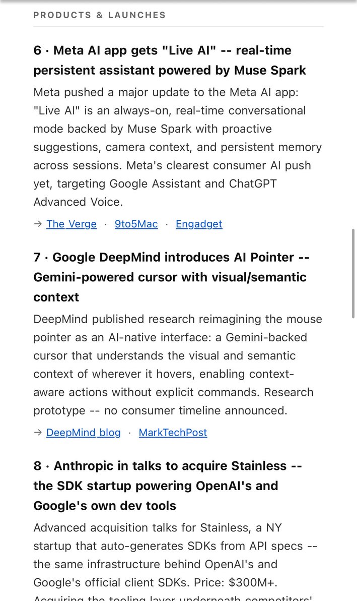 ChrisUniverse's tweet photo. Thanks to @budapp I just found out @AnthropicAI is in talks to acquire ‘Stainless’ — the SDK startup powering @OpenAI + @GoogleAI own dev tools 😳 

Being very honest, @budapp is by far the most fine tuned service provider for bite sized information. 

Besides the sleek design on email, sms, and its platform; the Agentic capabilities far exceed anything I’ve used for ‘automated task’ — there’s simply nothing like it. 

Yes, many platforms can do the same but it’s not really about that. It’s about how eye-catching is it and how scannable/ingestible the information is. This is one of the main reasons I stopped using ChatGPT until very recently GPT 5.5. It’s VERY scannable. 

I do also like long form extended documents but most of the time I am ingesting information at light speed and I can not read everything. 

Here’s some of the daily email AI Digest: