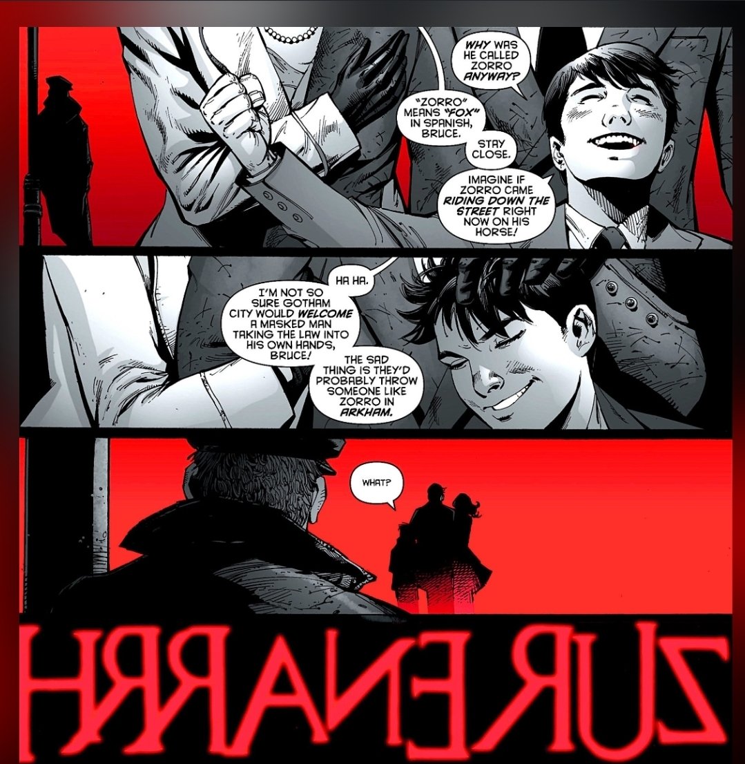 Kdog_Digital's tweet photo. It'll probably never happen but like imagine the villain of the film is just the idea of Batman that Bruce is trying to distance himself from.

 Thomas's last words to Bruce are "The sad thing is they'd probably throw someone like Zorro in Arkham" https://t.co/uth8DyeRBs