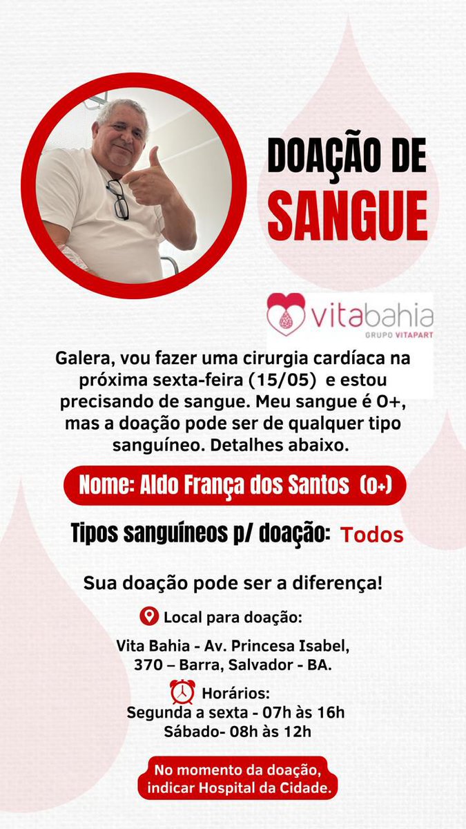 FREDCHAMECHAME's tweet photo. 🩸 ATENÇÃO!
🙏 Pedido de doação de sangue para nosso Aldo França, caso não possa doar, colabore, compartilhando esse post, grato! https://t.co/tcMuDLsTQY