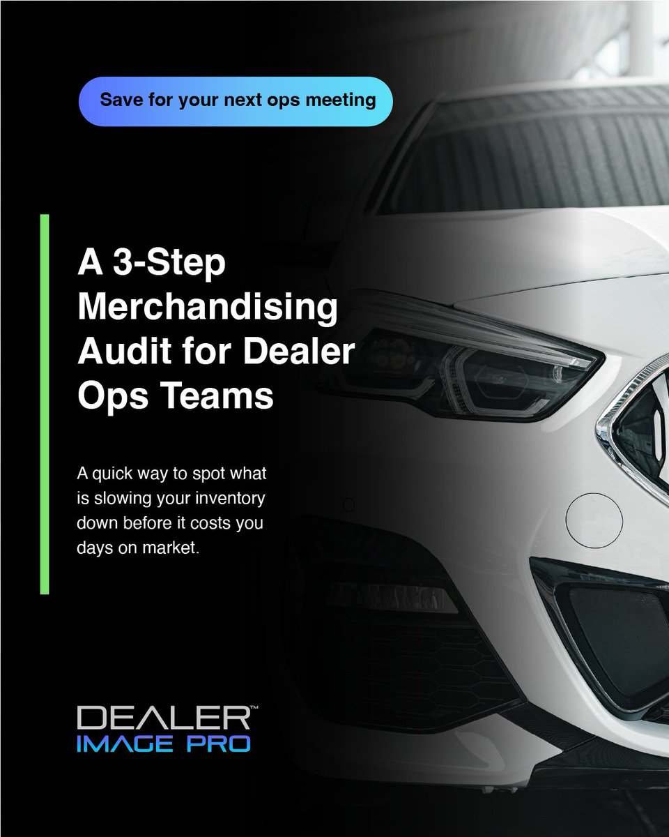 DealerImagePro's tweet photo. Most dealerships don’t have a photo problem. They have a workflow problem.

When vehicles sit offline waiting on photos, edits, approvals, or uploads, the issue isn’t just delayed merchandising — it’s lost visibility, slower turn times, and missed opportunities with online shoppers.

Three ways to improve your process this week:

1. Set a same-day listing goal for every new unit.
2. Standardize your shot list and photo order across every vehicle.
3. Audit live inventory for consistency, not just completeness.

The dealerships that stand out online usually aren’t the ones with the most tools. They’re the ones with the most disciplined process.

Dealer Image Pro helps stores build that process with in-house capture, branded video, 360s, AI background removals, and quality control tools designed to keep inventory fast, consistent, and market-ready at scale.

Because better merchandising doesn’t start with more photos. It starts with a better workflow.

Learn how we can standardize your photo process by booking a demo: https://t.co/t5PVkiXtel

#DealerImagePro #AutomotiveMerchandising #DealershipMarketing #AutoRetail #InventoryManagement #TimeToLine #AutomotivePhotography