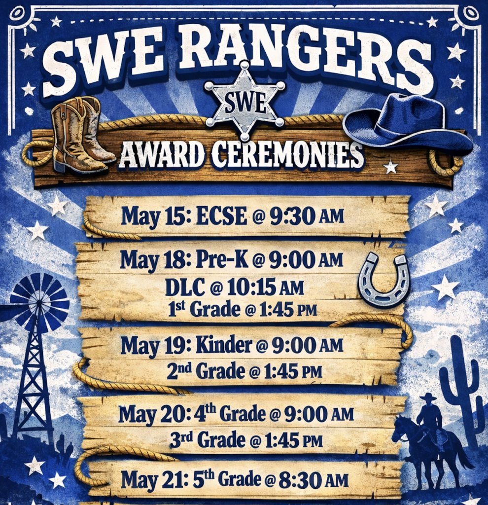 swisd_swe's tweet photo. Exciting news, SWE Rangers! 🤠🏆 Award Ceremony dates and times have officially been released! Be sure to check out the image, save the date, and come celebrate your student’s hard work and achievements. We can’t wait to honor all of our amazing Rangers! https://t.co/YUYsMqaB77