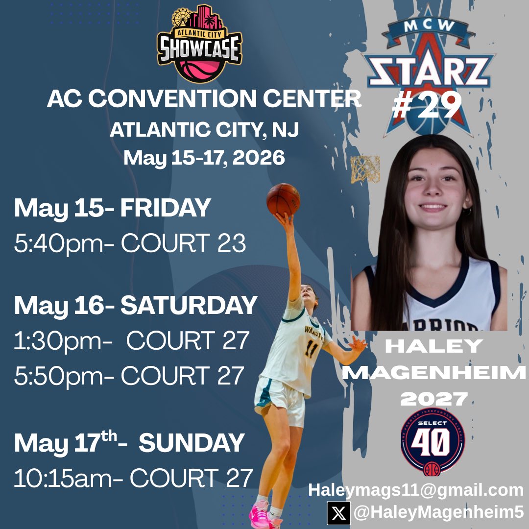 HaleyMagenheim5's tweet photo. Here’s my schedule for my tournament with @MCWSTARZ 2027 S40 team in Atlantic City! https://t.co/J5H94l4hbl