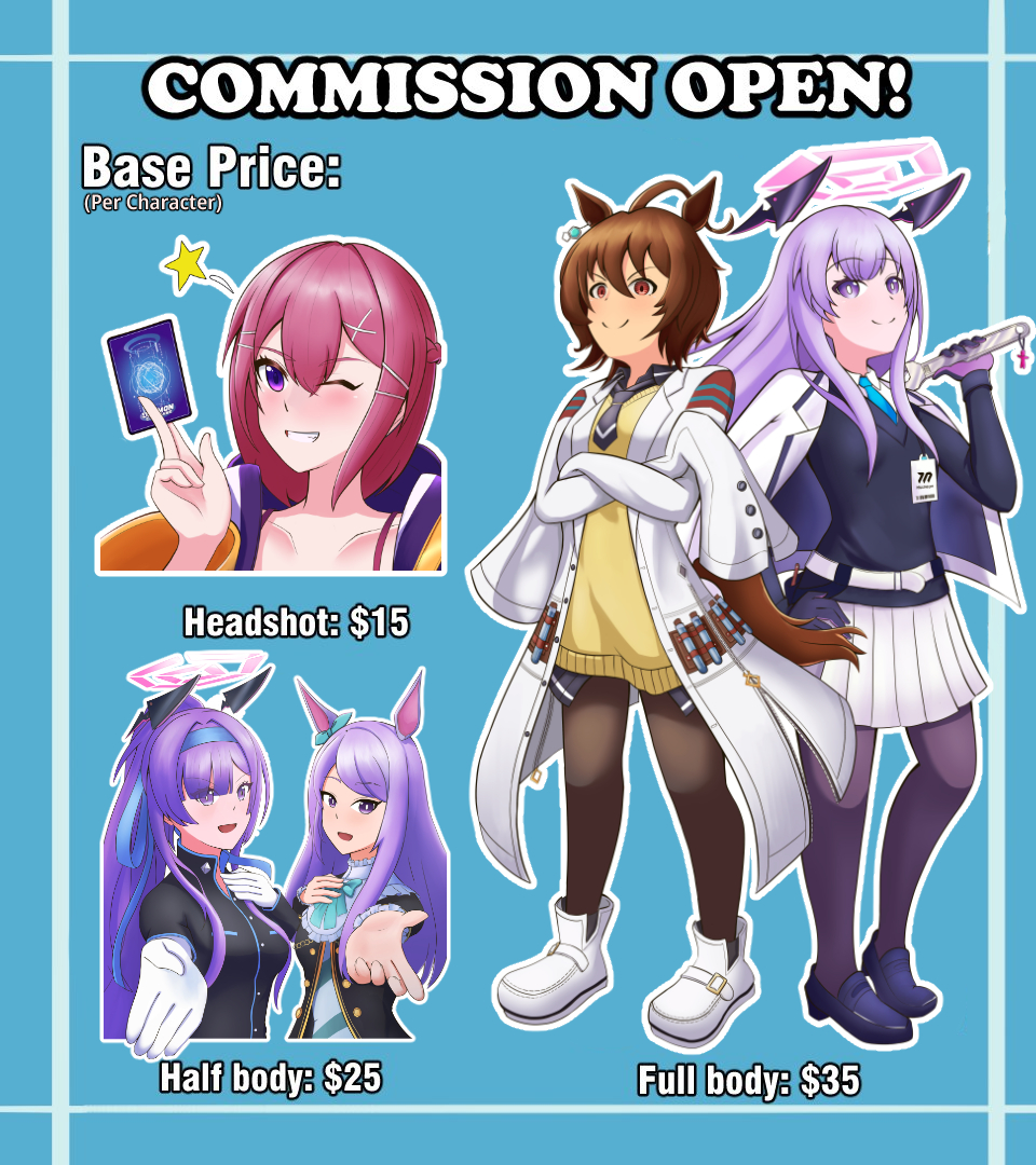 ai__fy's tweet photo. The Commission is open, but only 2 slots! Get yourself a commission be it on VGen or thru my DMs, up to you!

I need a bit of extra money ASAP, hopefully you understand!

Also, a special commission offer! If you commission a BA and Uma character together, it's only $25!

https://t.co/aCxxlGr74D