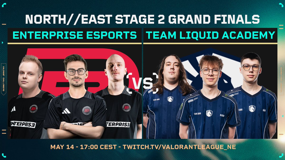 valleague_ne's tweet photo. We run it back, one final time!

@enterprise_esp and @LiquidValorant Academy compete for a third time in a grand final for the title of NORTH//EAST Stage 2 Champion!

Climbing The Mountain for one final time, live on our twitch and with co-streamers at 17:00 CEST

#CLNE https://t.co/dVWTOI83iR