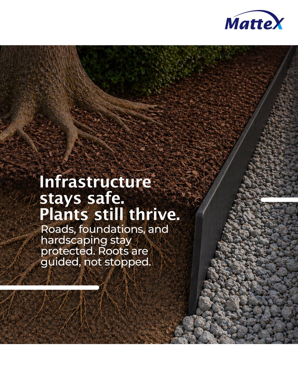 Mattex_Group's tweet photo. Roots don’t stop growing — unless you guide them.

AgroMatt root barriers protect pipes, foundations &amp; infrastructure by directing roots where they belong. Permeable or non-permeable, the protection is guaranteed.

#AgroMatt #RootBarriers #Mattex #InfrastructureProtection https://t.co/5LmY8QCKw1