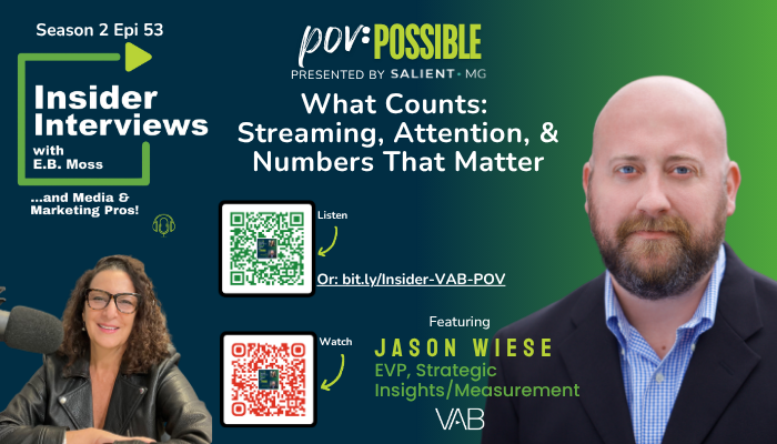 InsiderIntervws's tweet photo. New #POVPossible epi! @VABintel 's Jason Wiese explains:
• Why ad-supported streaming "won"
• #AI bias in media planning (my a-ha moment)
• Why “not all impressions are equal”
• Bots, ad fraud, &amp; media's “crisis of reality”! 
He makes terrifying stats fascinating. https://t.co/cs03flqrDB