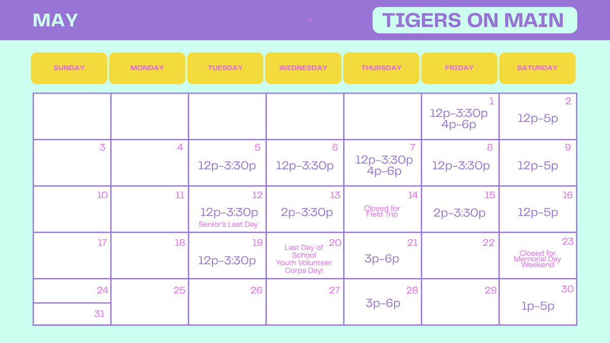 TigersonMainMO's tweet photo. Check the calendar below for our days &amp; times through May! 

Tentative Summer Hours:

☀️ Thursdays: 3PM–6PM
☀️ Saturdays: 1PM–5PM

We will STILL be accepting custom orders all summer long! 

Email: tigersonmain@ccr3.k12.mo.us https://t.co/xEQv1n3dEH