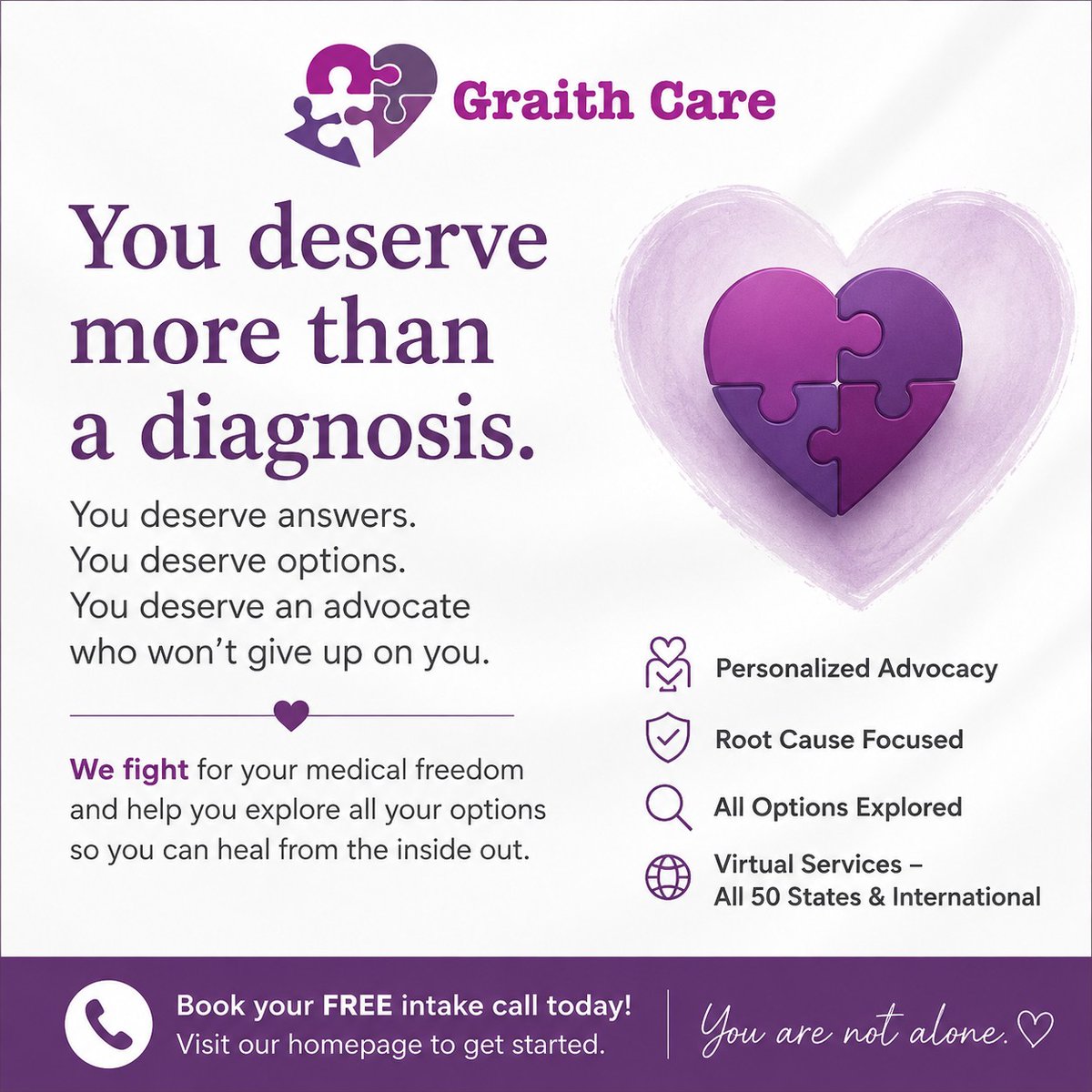 GraithCare's tweet photo. “I’m sick and tired of being sick… and nobody is listening.”

We hear this every day.
More medications.
More testing.
Less answers.

The truth is — many people are never told ALL of their options.

That’s why having a patient advocate matters.

At Graith Care, we help you:
✔ Ask the right questions
✔ Explore all options
✔ Dig deeper into root causes
✔ Feel heard and supported again

We are a virtual advocate team serving all ages, all healthcare needs, across all 50 states and internationally.

If you feel stuck, overwhelmed, or just need a second set of eyes for you or your family…

We’re here for you.
📞 Book your FREE intake call today
🌐 https://t.co/XC2q4zGr6W

You deserve answers
You deserve options.
You deserve advocacy.

#GraithCare #PatientAdvocate #MedicalFreedom #HealthcareSupport #YouAreNotAlone #KnowYourOptions