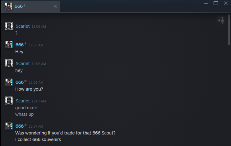 Scarlet_CS2's tweet photo. I strongly don't recommend to trade with this guy, though I did but it was through csfloat so I didn't know, after I checked it seems like he's banned on steamrep and has bad reputation everywhere, i asked him to elaborate he just deleted me so be careful

https://t.co/Hkpm6VOnXX https://t.co/YY2V1gGmwW