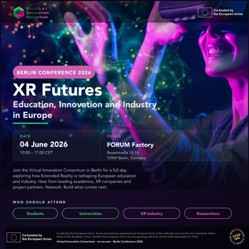 Virtualinn61619's tweet photo. Join us at XR Futures: Education, Innovation &amp; Industry in Europe
📅 4th June 2026 | Berlin 
Visit: https://t.co/U2xFTZwrmM to grab your spot!
#digitalskills #XR #innovation #digitaleurope #virtualinnovationconsortium #digitallearning #STEPseal #metaverse #VR #AR #XReducation https://t.co/eg7Pn9sKxZ