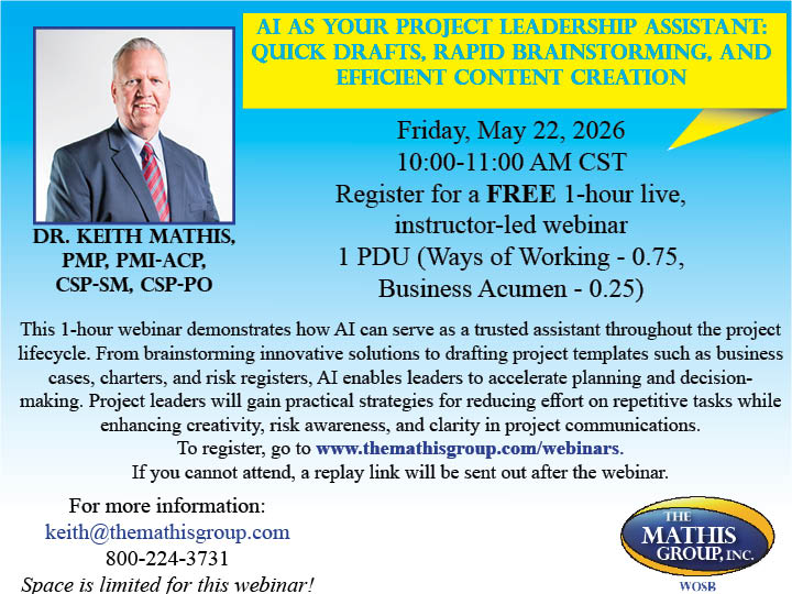 themathisgroup's tweet photo. Today is the last day to register for our Free May 22 
"AI as Your Project Leadership Assistant" webinar and earn 1 PDU! This webinar will be hands-on. Students will need to sign in to an AI tool during the webinar to participate in activities.
https://t.co/WzD9jrC6AF https://t.co/GawAtyg0ZH