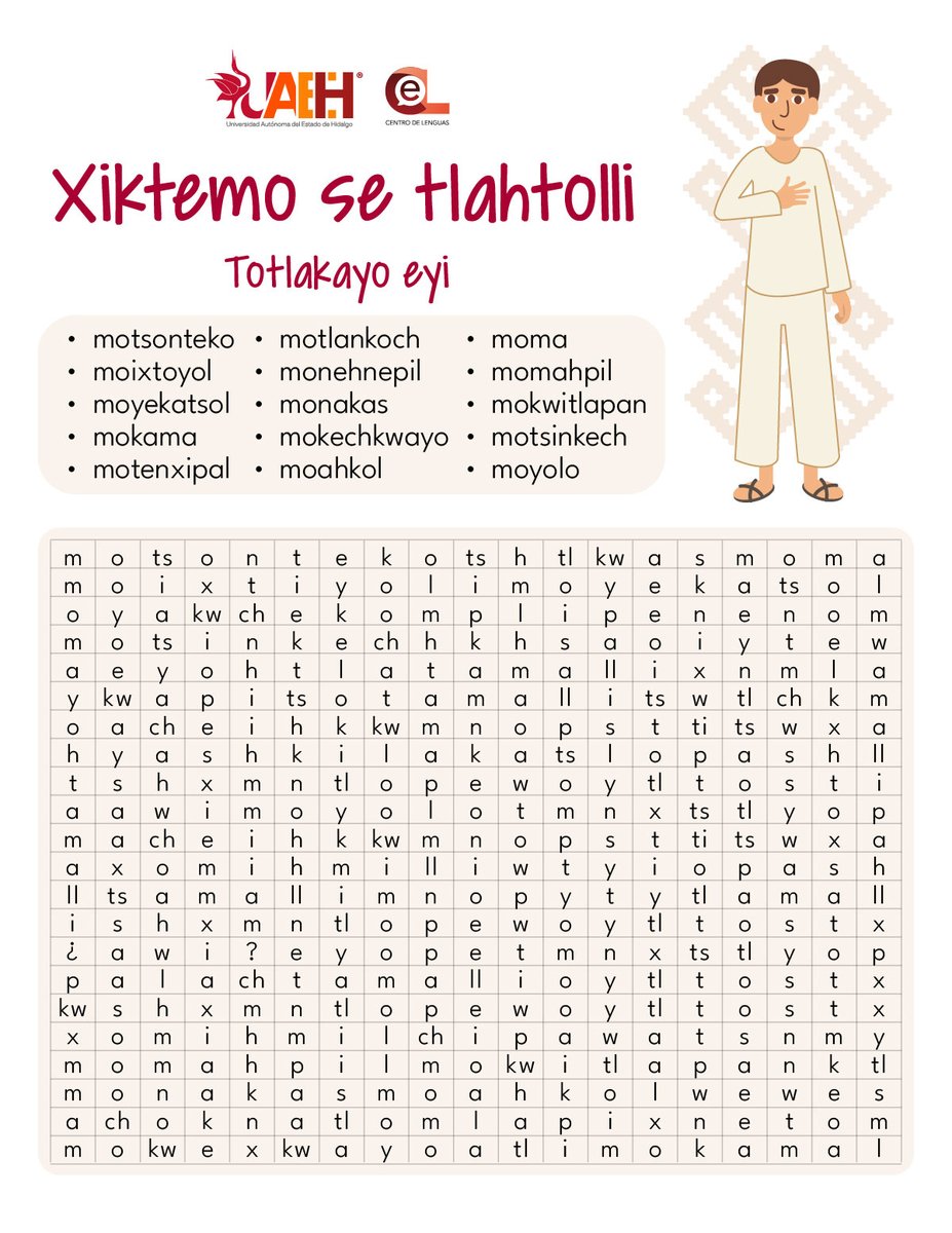 uaeh_cel's tweet photo. ¿Cuántas palabras lograrás encontrar?
Comparte tu resultado y sigue aprendiendo con nosotros.

#Náhuatl #LenguasIndígenas #AprenderJugando #SopaDeLetras #LenguaOriginaria #CulturaViva https://t.co/fthNcYZvGx
