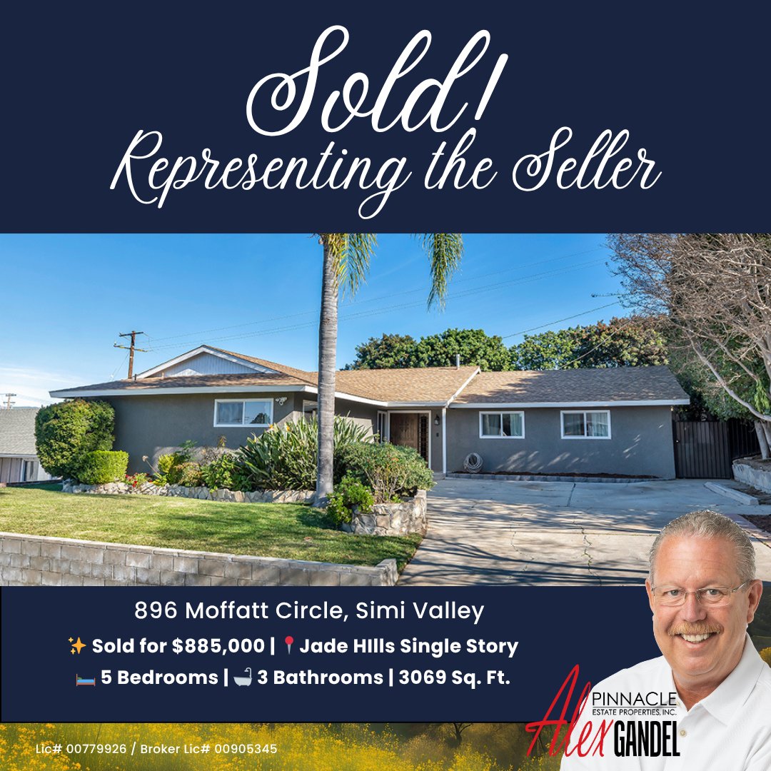 AlexGandel's tweet photo. 🏡 JUST SOLD | 896 Moffatt Circle | $885,000
🛏️ 5 Bed | 🛁 3 Bath | 📐 2,069 Sq. Ft.
Updated Jade Hills single-story with two primary suites, remodeled kitchen &amp; spacious backyard. Another successful closing by Alex Gandel.
https://t.co/GzoqNPF9Sw

#SimiValleyHome https://t.co/vwICQIRrRQ