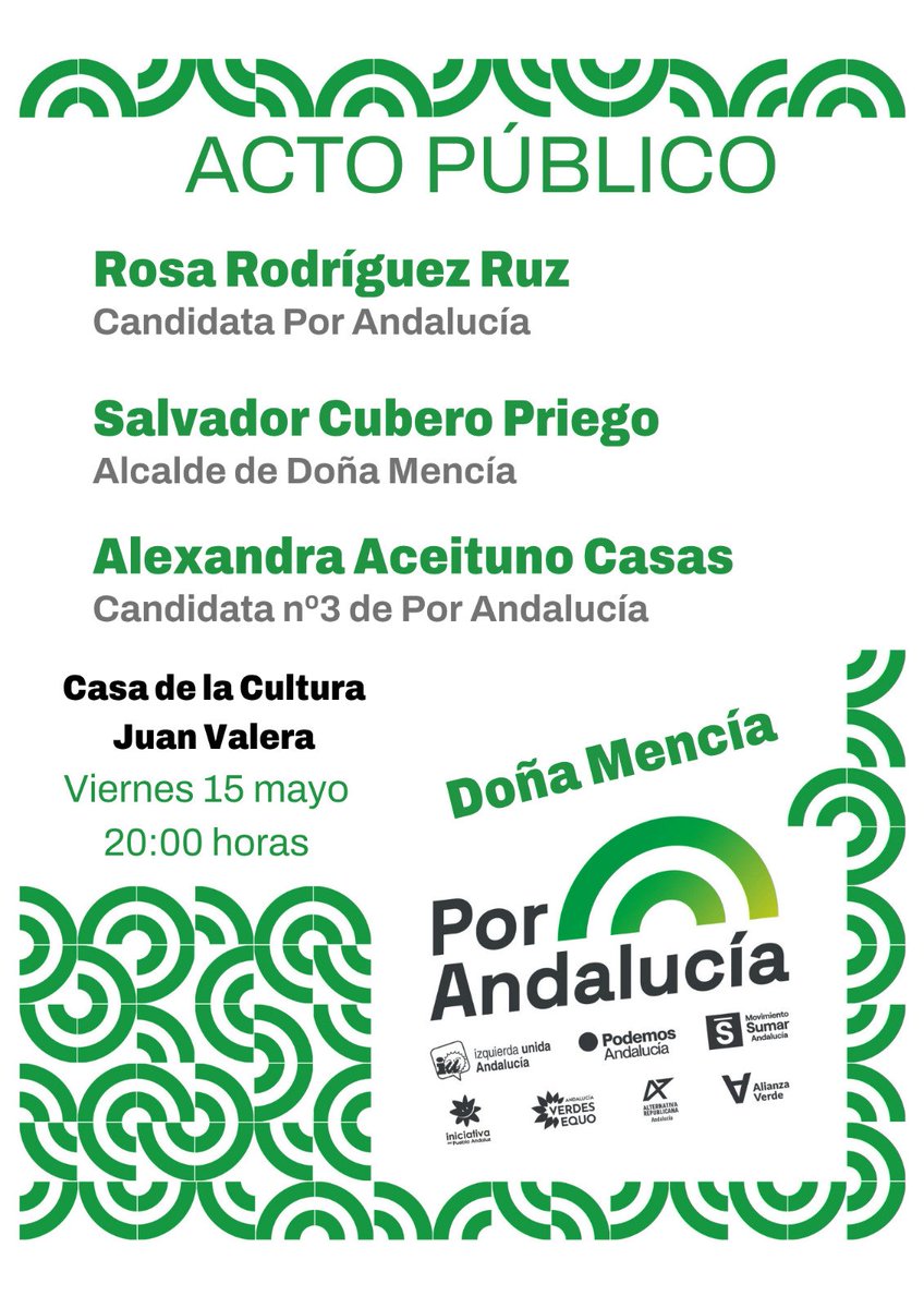 iudonamencia's tweet photo. Acto público en #DoñaMencía
#EleccionesAndalucía #PorAndalucía. Este viernes te esperamos, en la Casa de la Cultura, a las 8 de la tarde.
#EnMayoMaillo
El #domingo17, vota #PorAndalucía #LaIzquierdaAndaluza https://t.co/reCKaX8kyi
