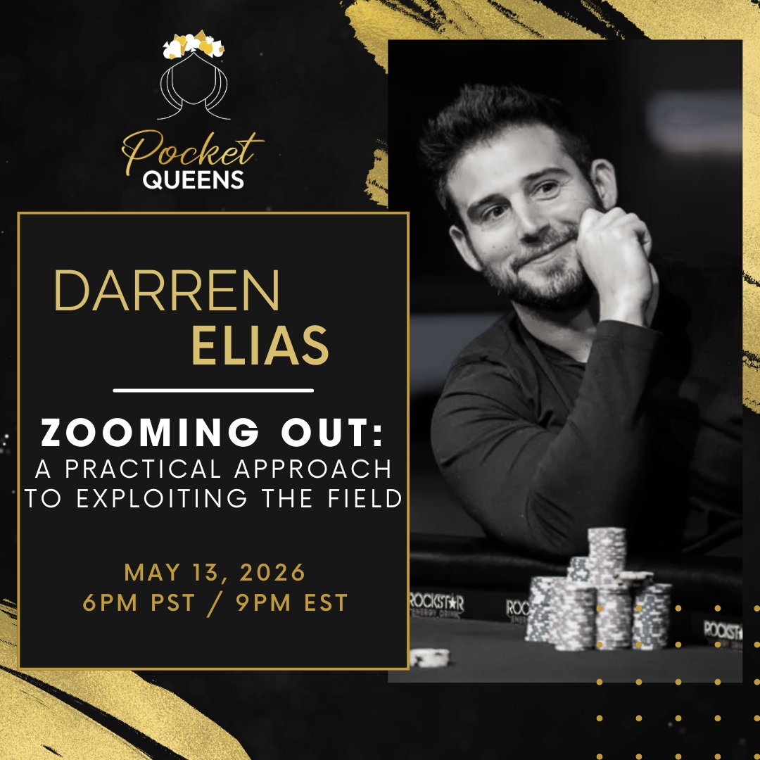 PocketQueensPkr's tweet photo. The field is leaking. Are you catching it? 💸
TONIGHT, @DarrenElias  breaks down how to zoom out &amp; make the exploitative adjustments that actually improve your winrate 📈
🧠 Spot tendencies
🎯 Attack weaknesses
💰 Print more
📅 5/13 | 🕞 6PM PST | 📍 Zoom (link in Discord) https://t.co/8phO2xeybO