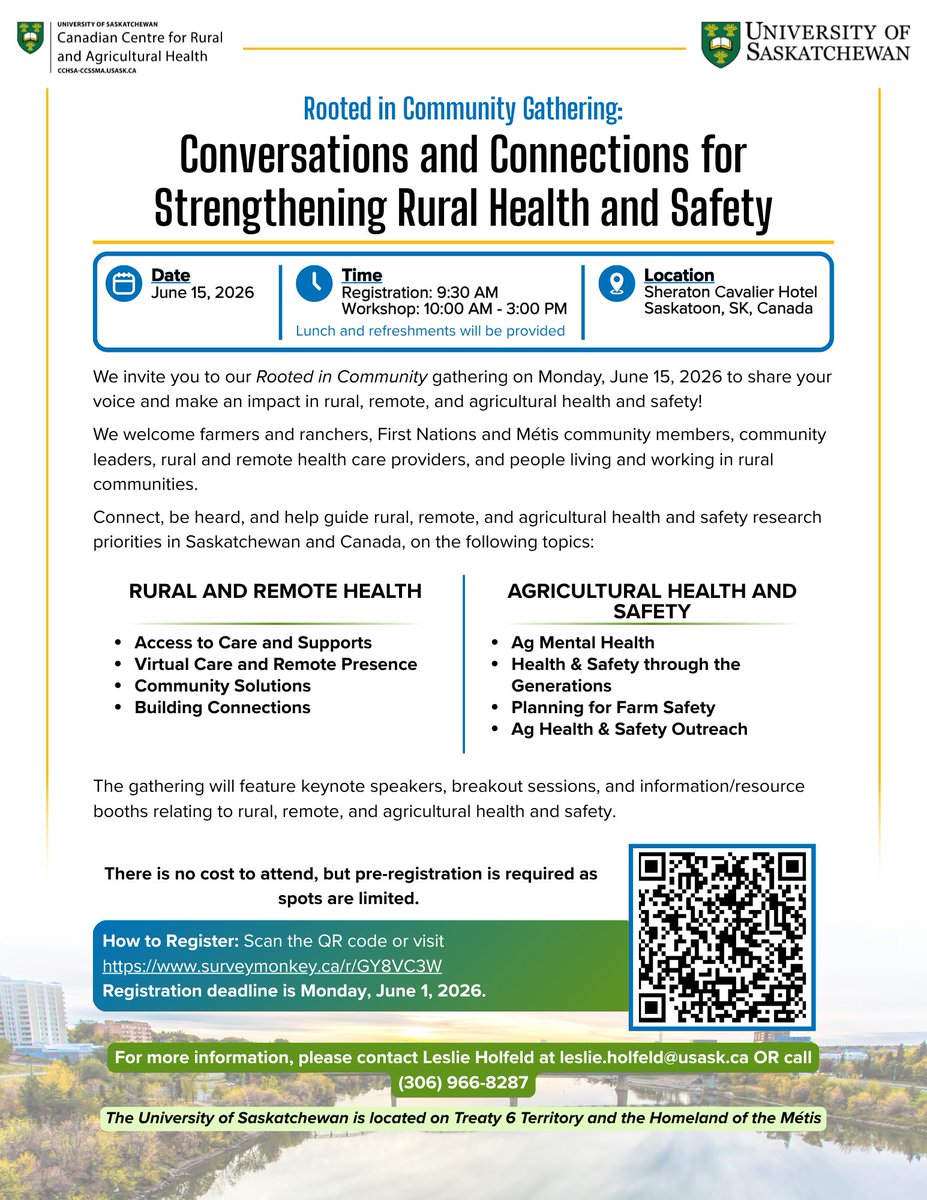 USaskCCRAH's tweet photo. Interested in rural, remote, and agricultural health and safety? Join us at our Rooted in Community Gathering on Monday, June 15th! This free event features breakout sessions, keynote speakers, and resource booths. Share your voice, connect, and make an impact. Register today! https://t.co/k3N5cWsNDV